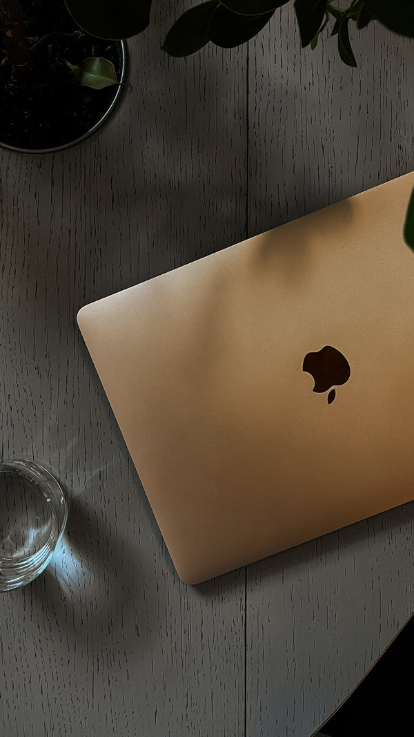 Rose gold MacBook on dark wooden desk with plants and water glass
overhead view