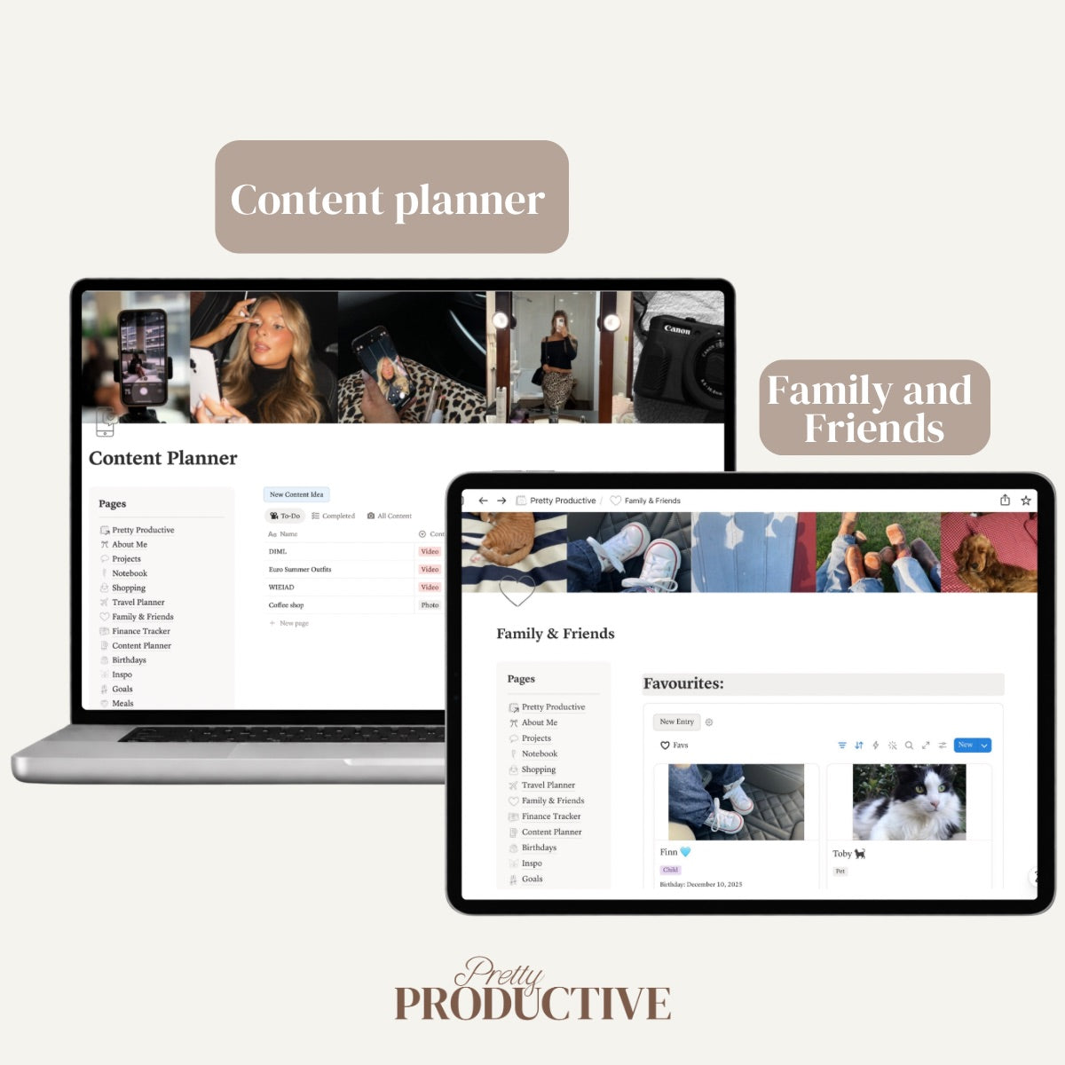 Pretty Productive content planner and family and friends tracker on
MacBook and iPad