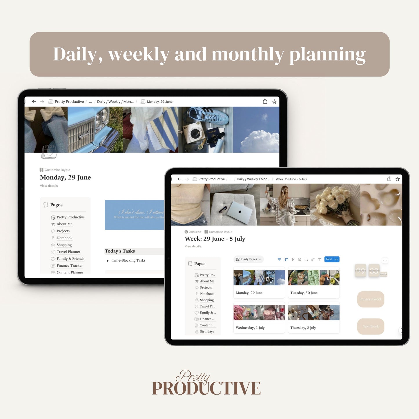 Pretty Productive daily, weekly, and monthly planning view shown on
two iPads