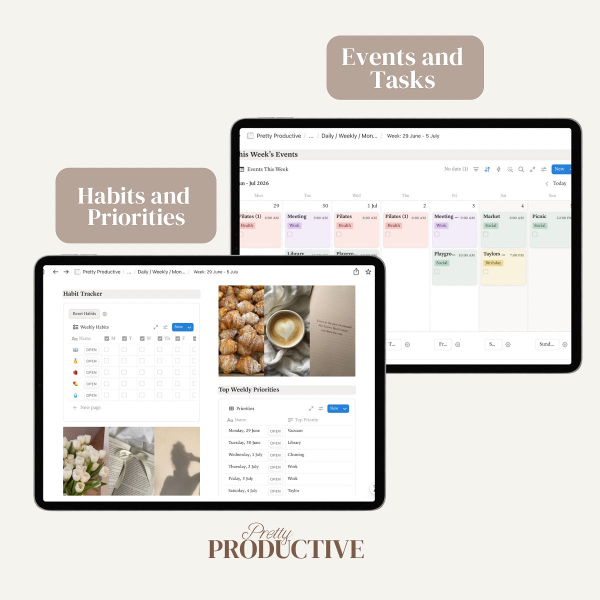 Pretty Productive events and tasks calendar with habits and priorities
tracker on two iPads