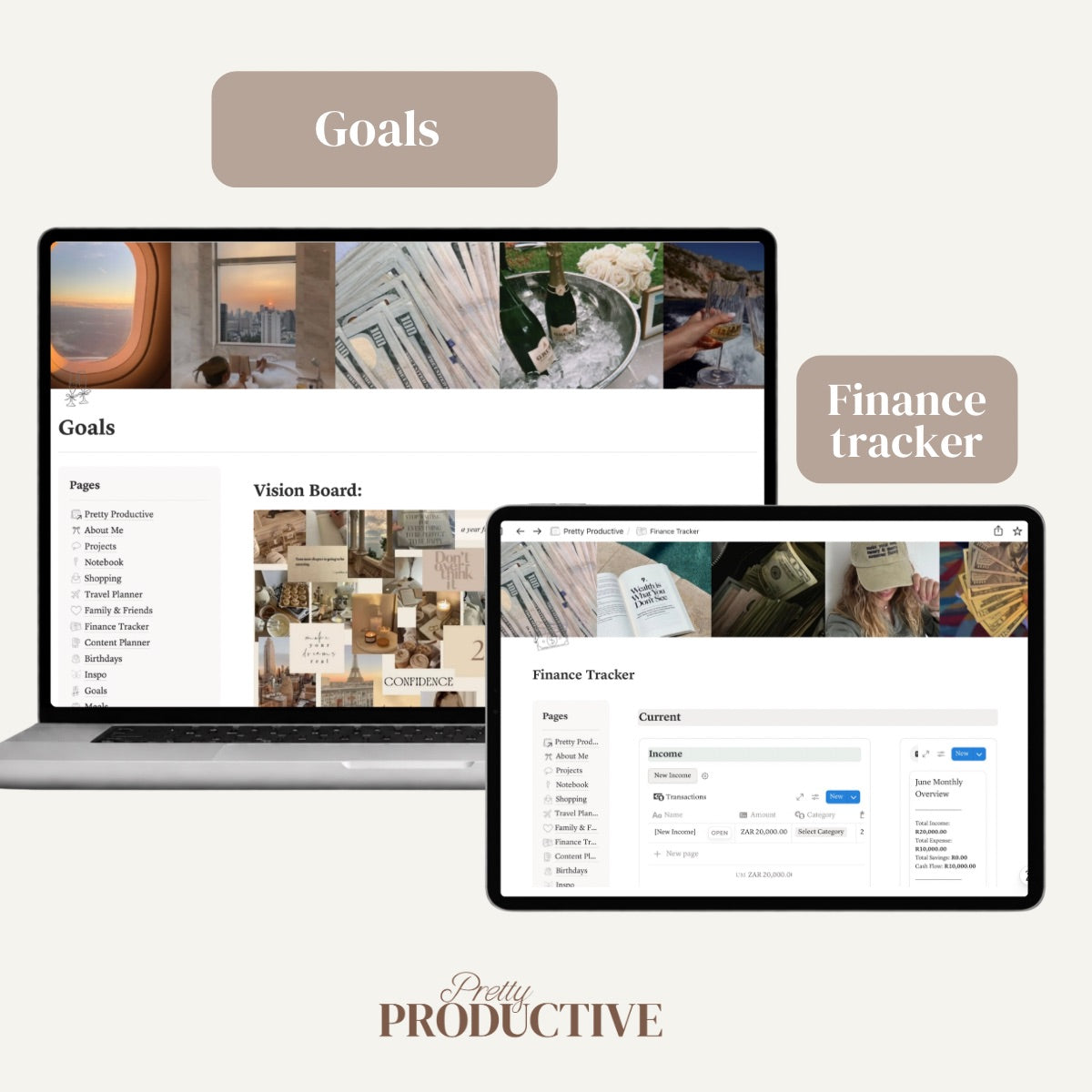 Pretty Productive goals page with vision board and finance tracker on MacBook and iPad