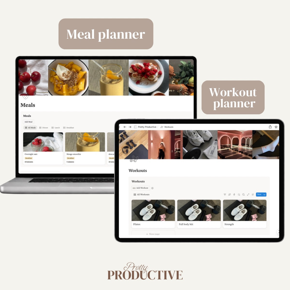 Pretty Productive meal planner and workout tracker shown on
MacBook and iPad