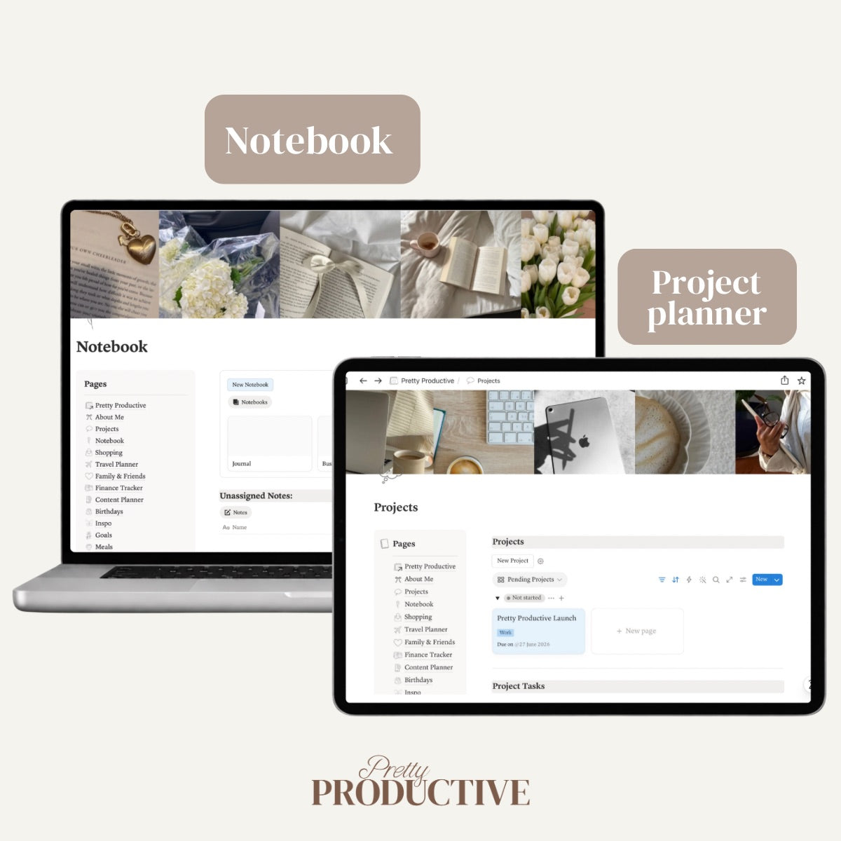 Pretty Productive notebook and project planner views on MacBook and
iPad